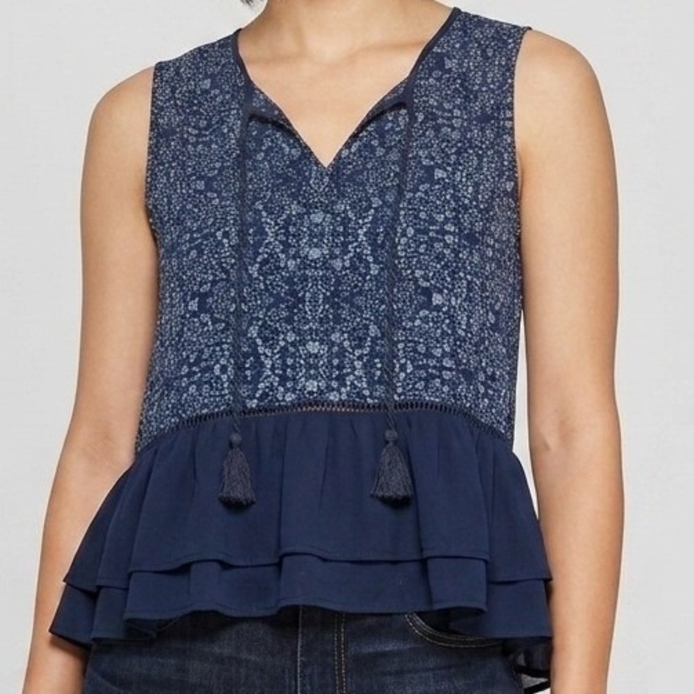 Knox Rose Navy Blue Floral Tassel Peplum Sleeveless Blouse Top Womens Medium